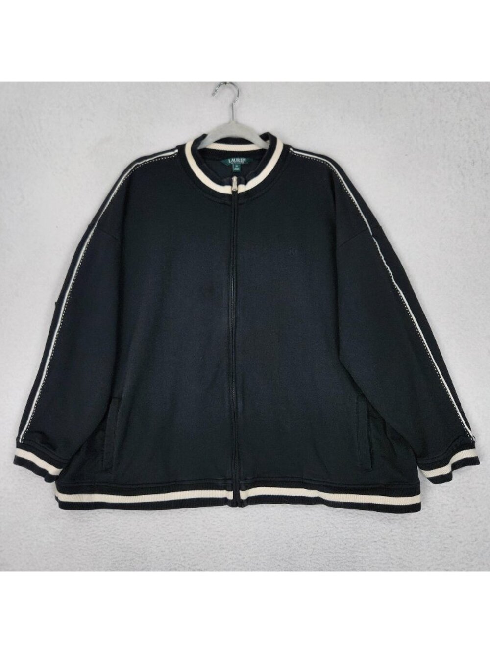 Ralph Lauren Jacket Womens 3X Black LRL TRack Full Zip Pockets Striped Casual